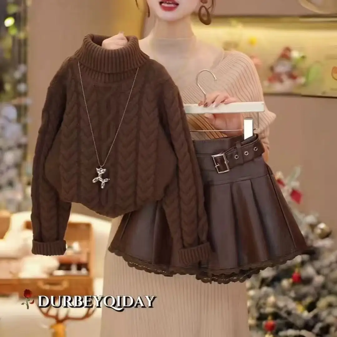 Girls Autumn Winter Sweater Set New Fashionable Children Versatile Thick Sweater Lace Leather Skirt Two Piece Set