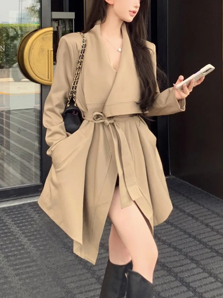 

Elegant French Streetweer Trench Women Irregular Turn Down Collar Lace Up Loose Midi Windbreaker Vintage Female Clothes Coat