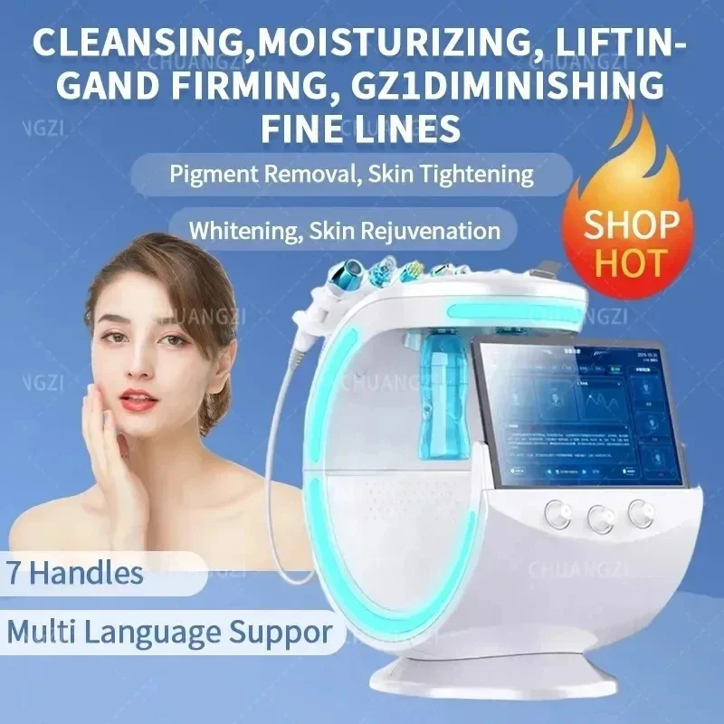 

2024 New 7 In 1 Smart Facial Cleansing Skin Analyze Deep Pore Vacuum Hydra Lift Anti-aging Beauty Machine Ice Blue Salon