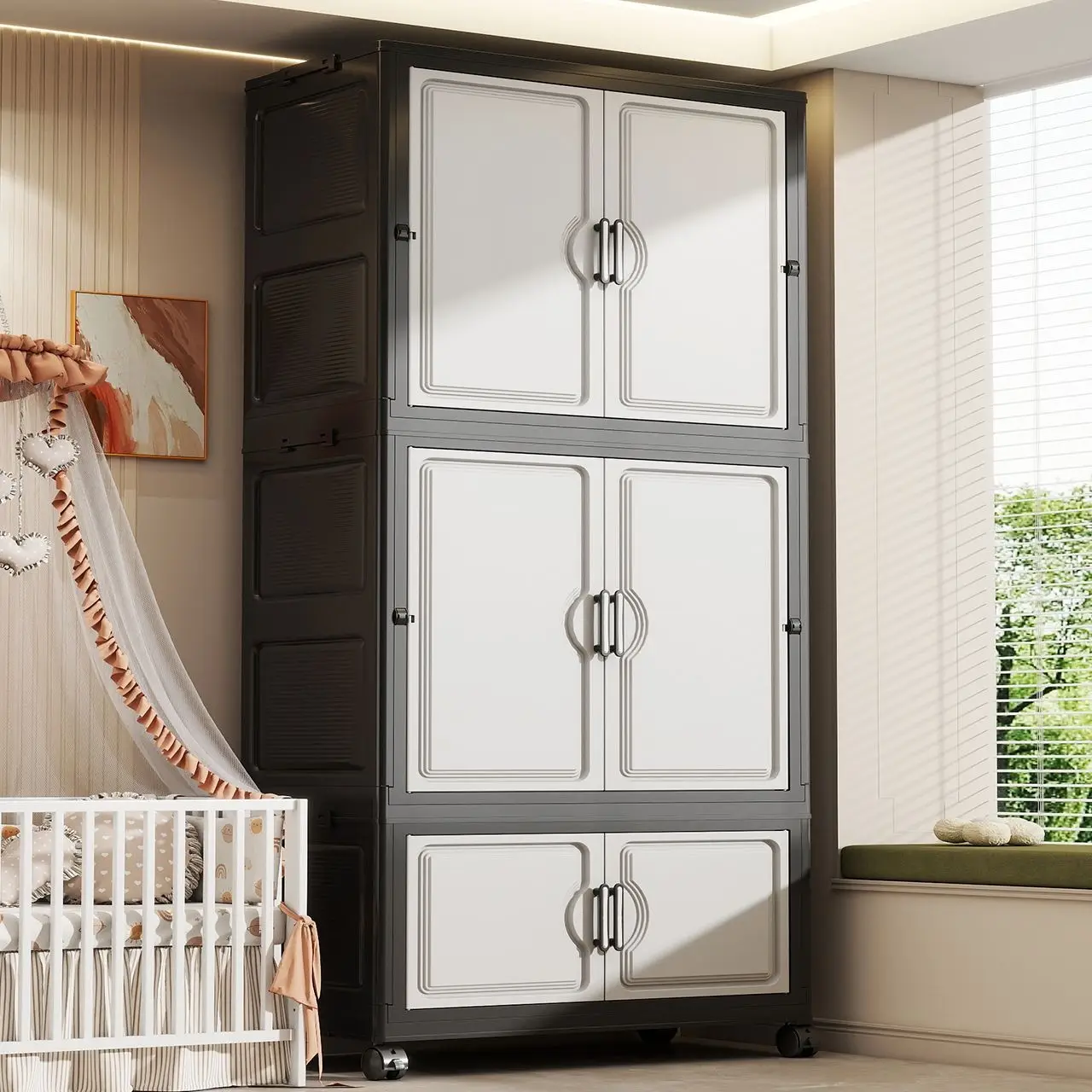 Foldable Storage Cabinet for Home Living Room Toy Organizer Kitchen Snack Cabinet Compact Storage Box with Wheels