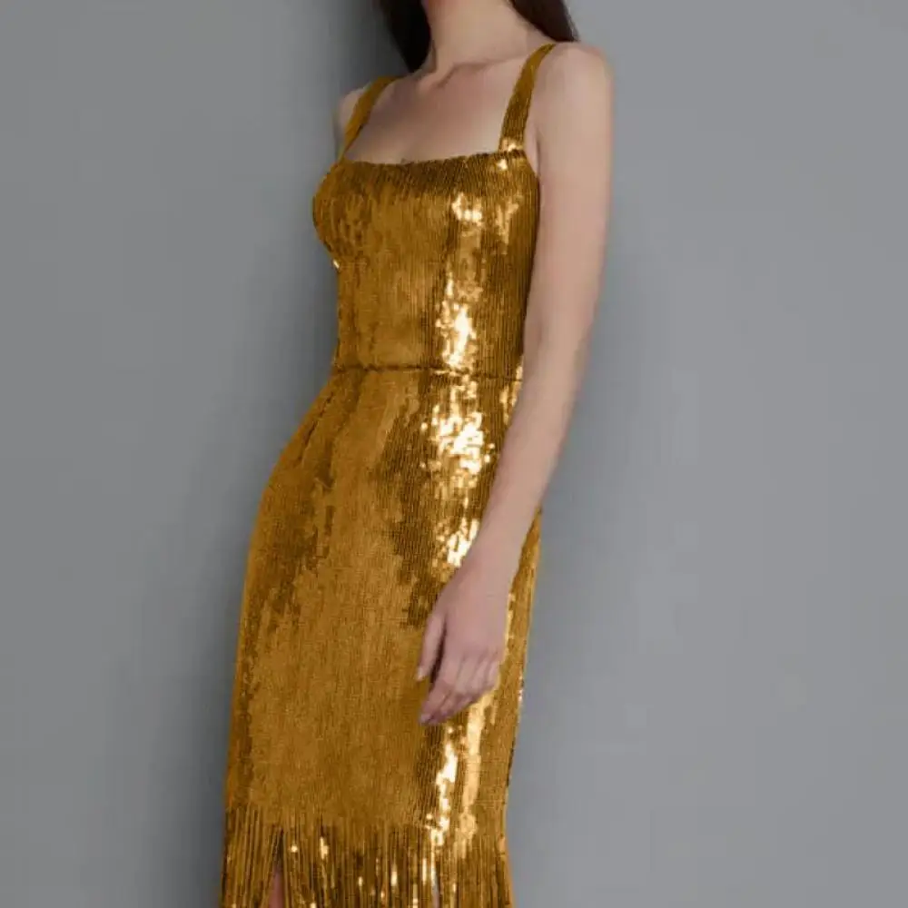 Gold Sequins Sexy Sleeveless Suspender Evening Slim Long Dress Slim Tassels Backpacks Split Robe Party New 2024 Women Fashion