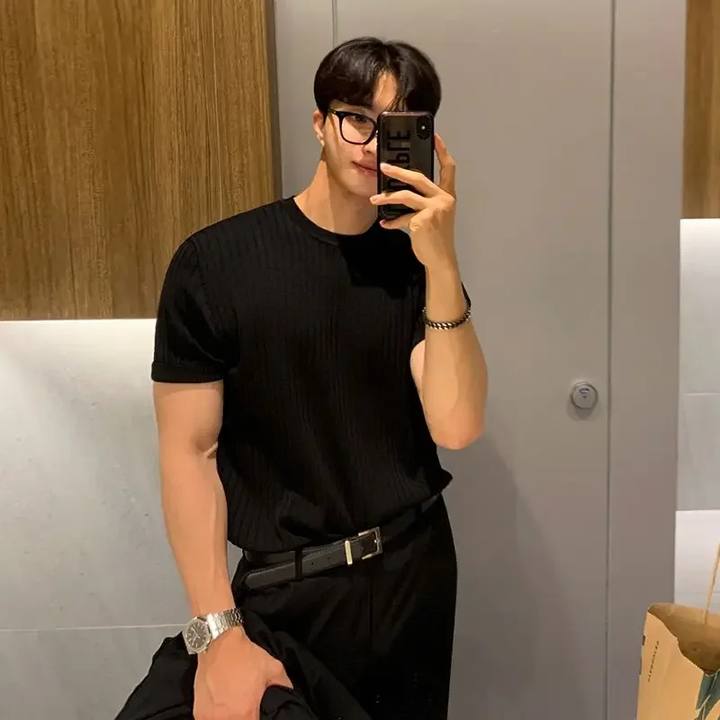 Luxury Brand 2025 New Men T-shirt Knitted Short Sleeves O-neck Shirt Fashion Solid Elastic Slim Tees Men's Tops Mens T Shirts