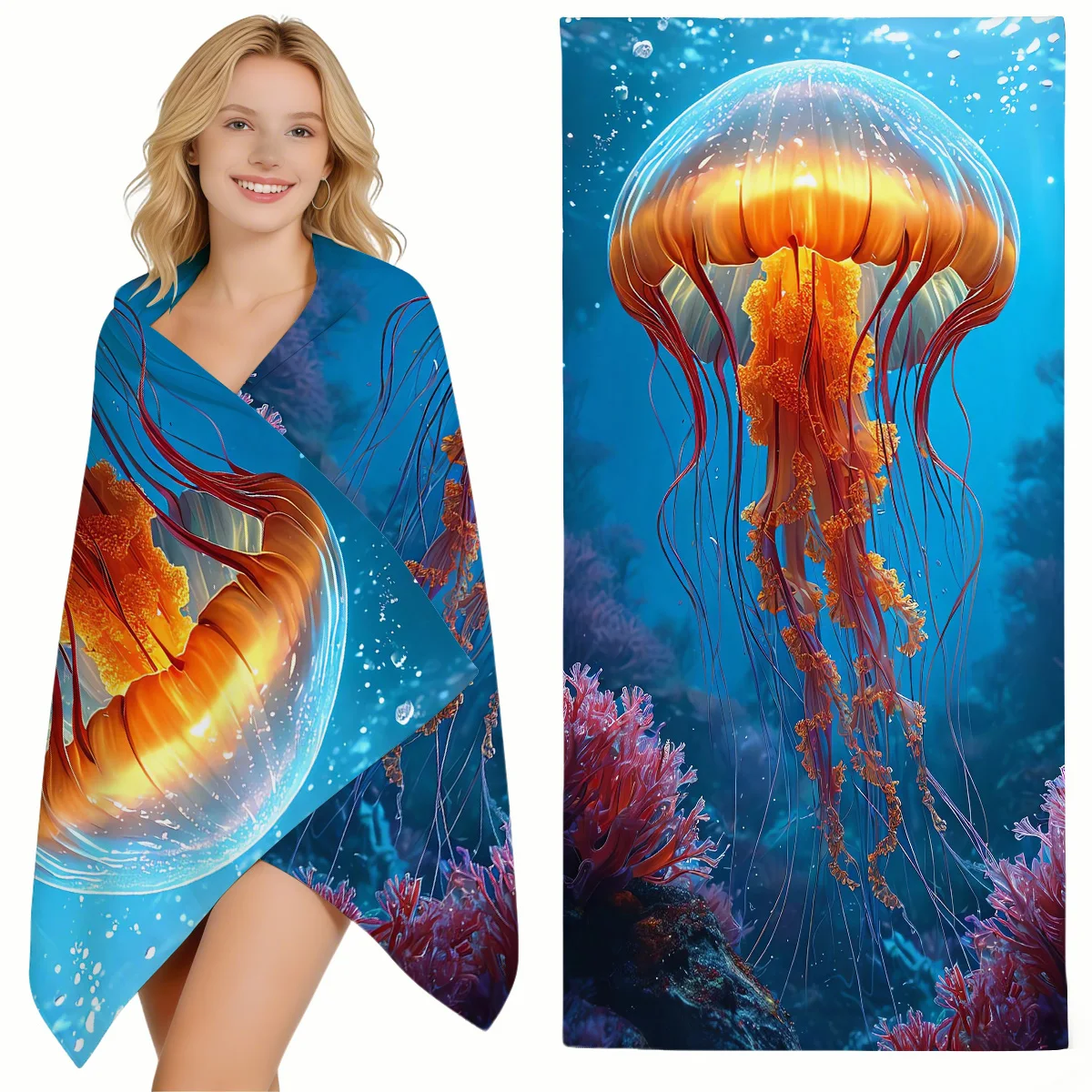 

1pc Deep Sea Jellyfish Printed Beach Towel, unisex, anti sand, absorbent oversized swimming towel (single-sided printed)