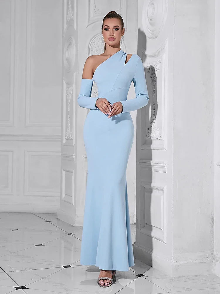 

Sexy Diagonal Collar Hollow Out Maxi Dresses for Women Light Blue Long Sleeve One Shoulder Celebrity Evening Party Club Dress