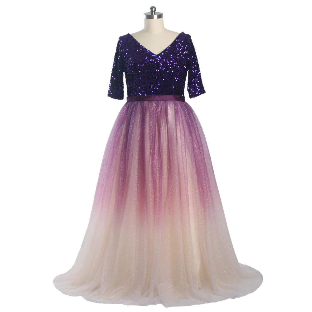 

Evening Dresses Purple Sequins V-neck Half Sleeves Zipper Back Pleat A-line Tulle Floor Length Plus size Women Party Dress A1278