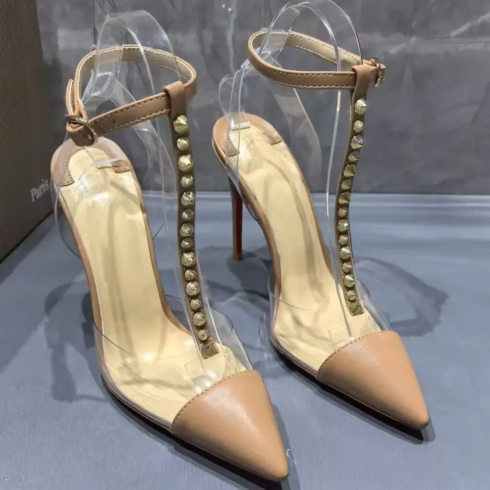 Rivet Studded Women Stiletto Heel Pumps Sandal Pointed Toe Ankle Strap Transparent PVC Red Sole Nude Sexy Luxury Fashion Shoes view 3