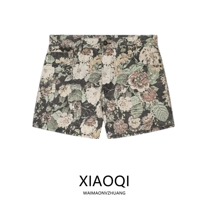 

Summer 2026 New Floral Print Casual Shorts Women's mid Waist Versatile Loose Fit Straight Leg Pants Natural Waist Button Closure