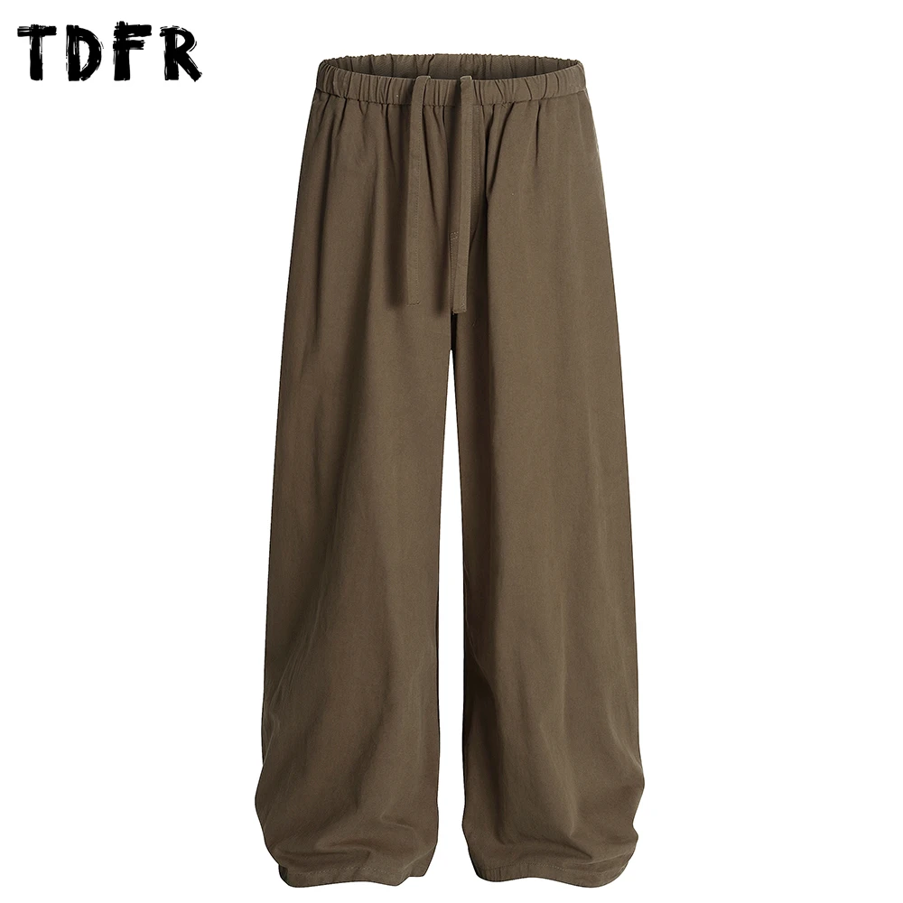 

Solid Color Casual Pants Mens Streetwear Elastic Waist Straight Loose Wide Leg Cotton Trousers Men