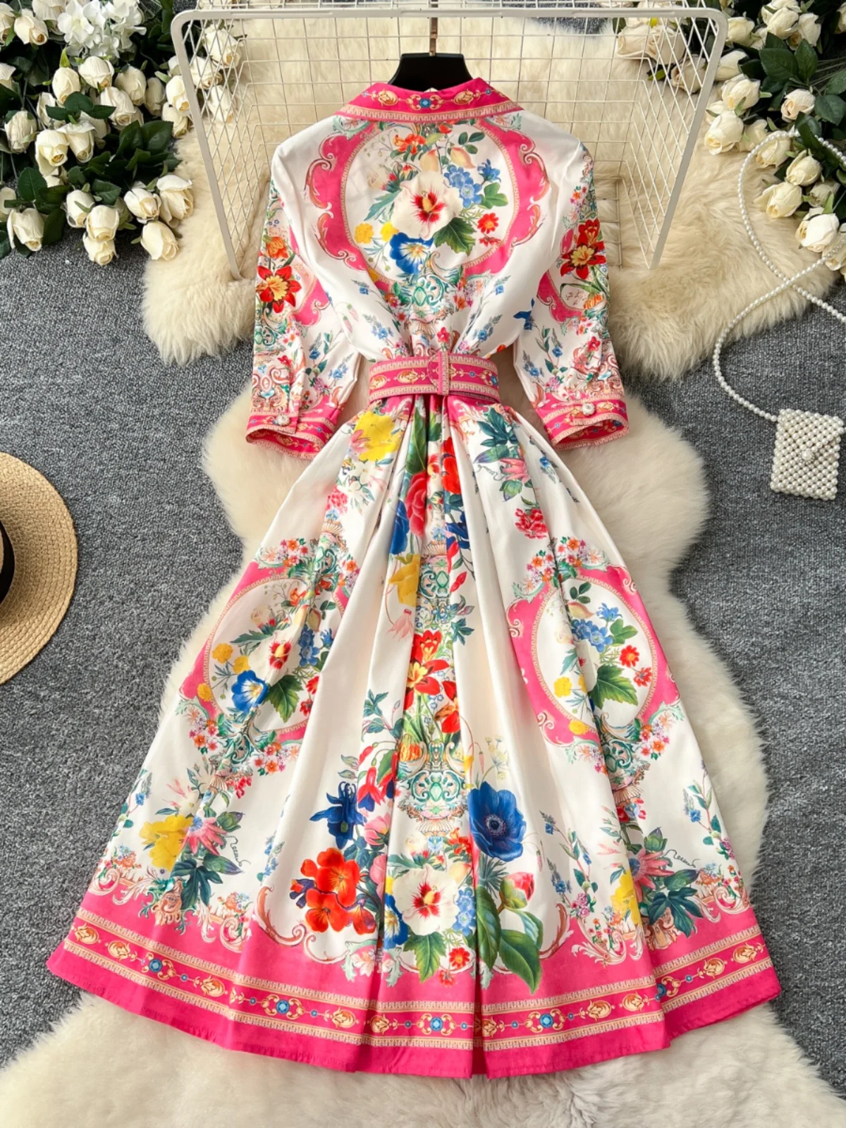 Robe Longue Mi-Longue pour Femme, Tenue Rétro Plissée, Imprimée, Slim, Style Boho, ix, Vacances, Mode