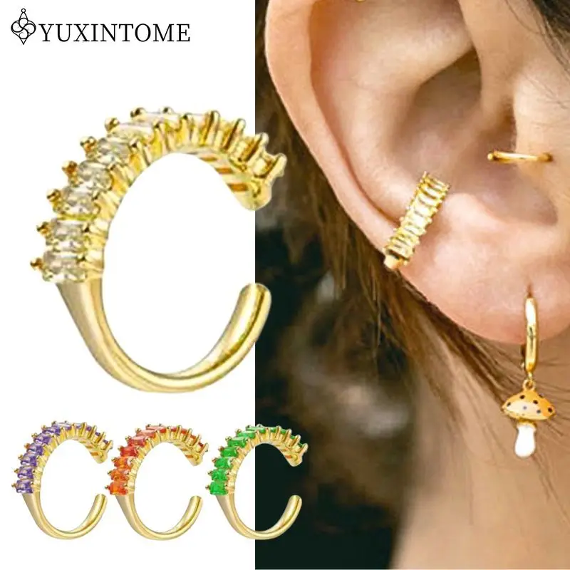 

18k gold plated semi-mosaic Geometric colorful Zircon Clip-On Earrings For Women Retro Gold Ear Clip Fashion Party Jewelry