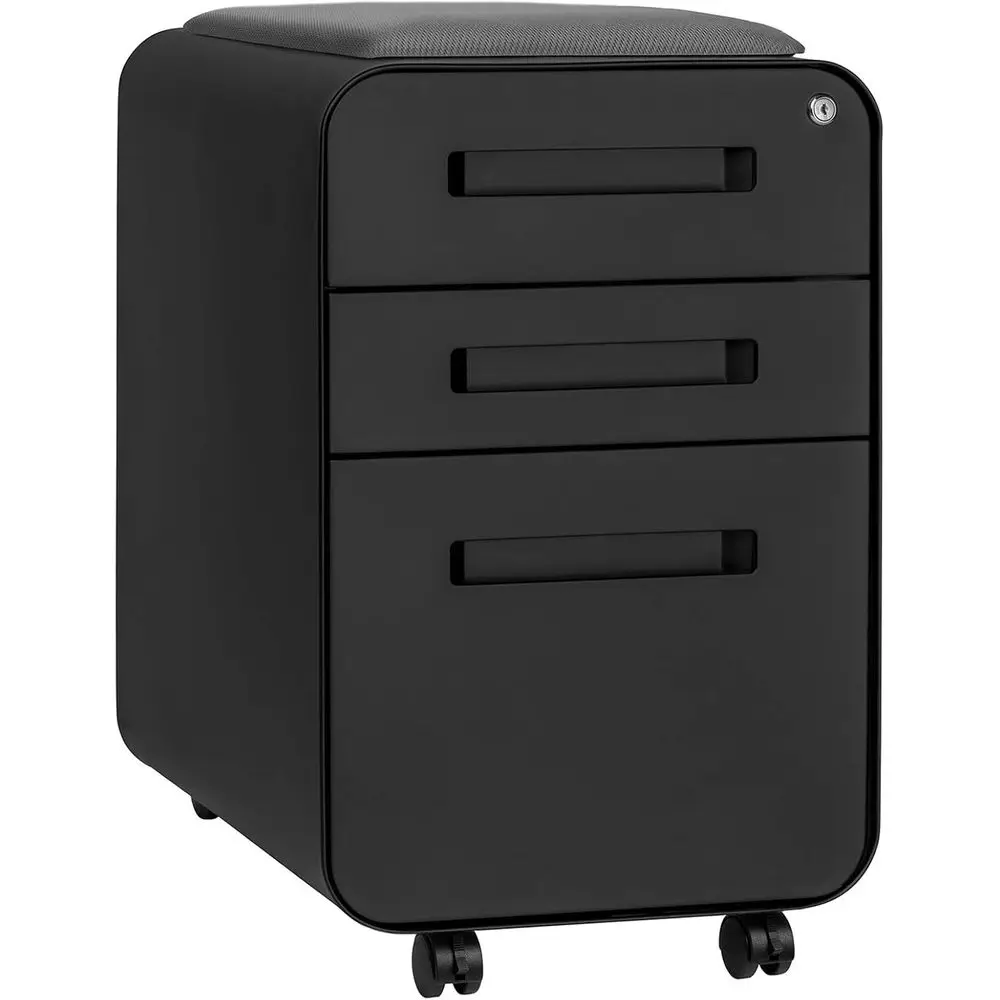 

Seated 3-Drawer Mobile Metal File Cabinet with Removable Magnetic Cushion Seat - Black with Grey Cushion
