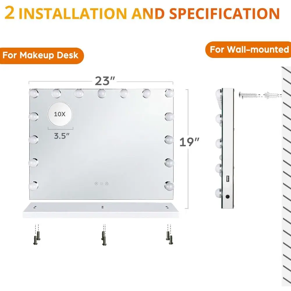 Miroir de courtoisie Hollywood à 15 LED à intensité variable avec 3 modes d'éclairage, support de bureau et mural 2 en 1, chargeur USB inclus