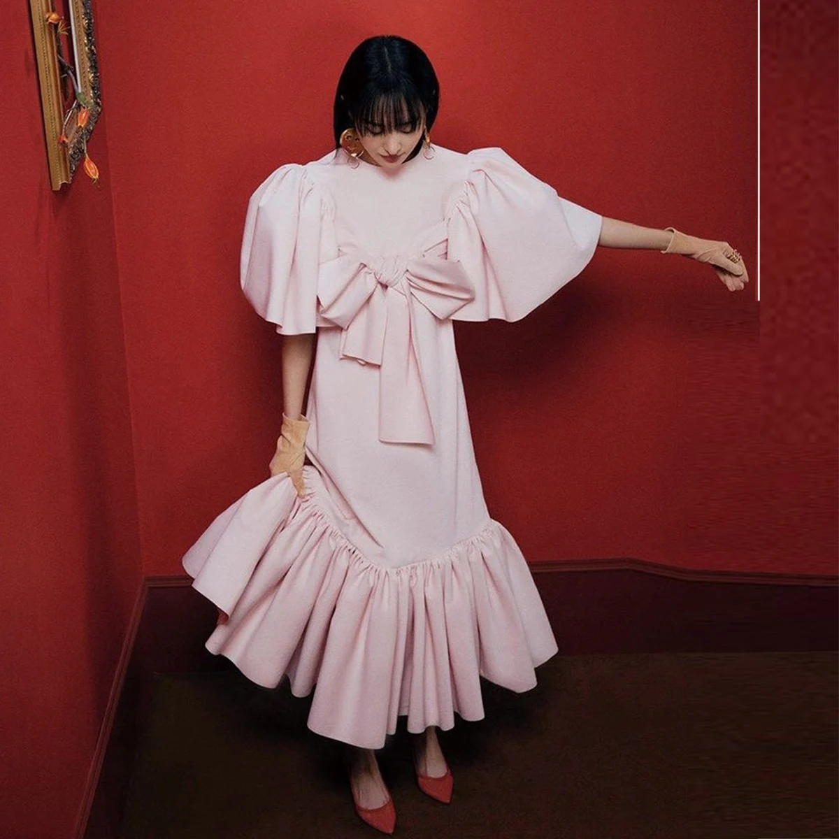 

Light Pink Satin Ruffles Prom Dress Short Sleeves A Line Tea Length Evening Gowns Girls Formal Wear Cocktail Party Dress