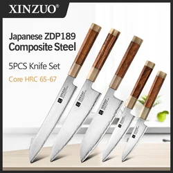 XINZUO 5PCS Professional Knife Set High Carbon 65-67 HRC Japanese ZDP-189 Power Steel Razor Sharp Blade Stainless Steel Chef Set