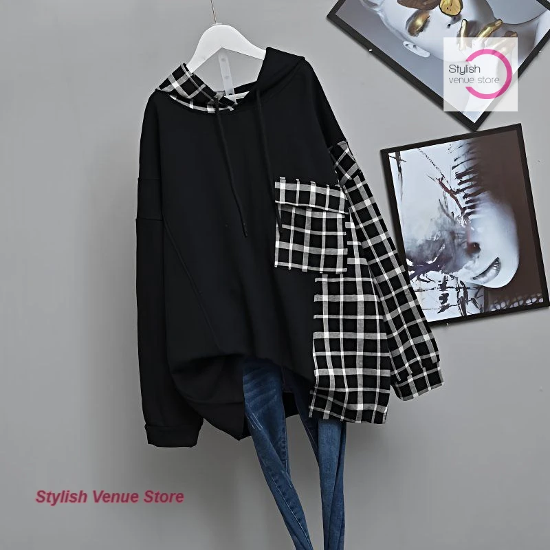 Korean style thin stitching plaid sweater women's spring and autumn new fashion plus size loose stitching plaid hooded top