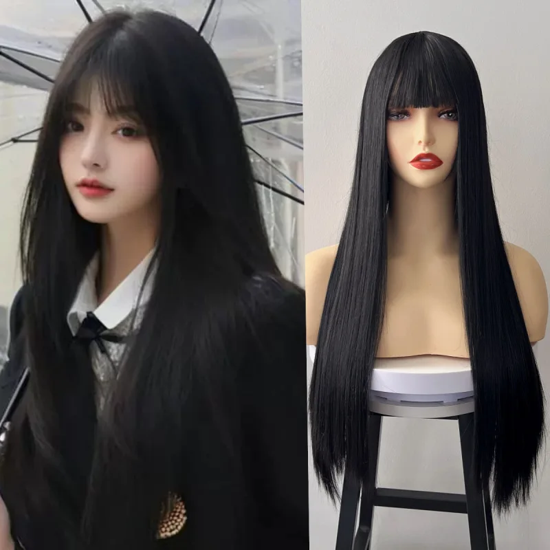 

Black long straight hair synthetic wig for party, Halloween cosplay wig, daily use wig, high-temperature hair silk wig set