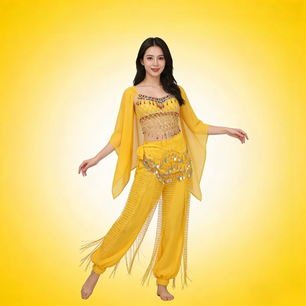 

128 монетный пояс для танца живота, тройной шарф с бахромой, набедренный шарф для выступлений на сцене, продвинутая тренировочная одежда