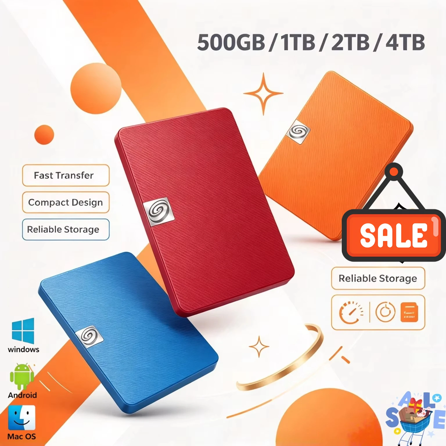 1TB 2TB 4TB 500GB USB 3.0 Storage Device Laptop External Mobile Hard Disk Mac Windows PC Data Backup File Save