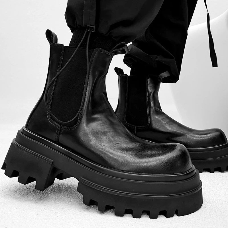 men casual punk stage high chelsea boots designer soft leather shoes cowboy platform boot black stylish long motorcycle botas