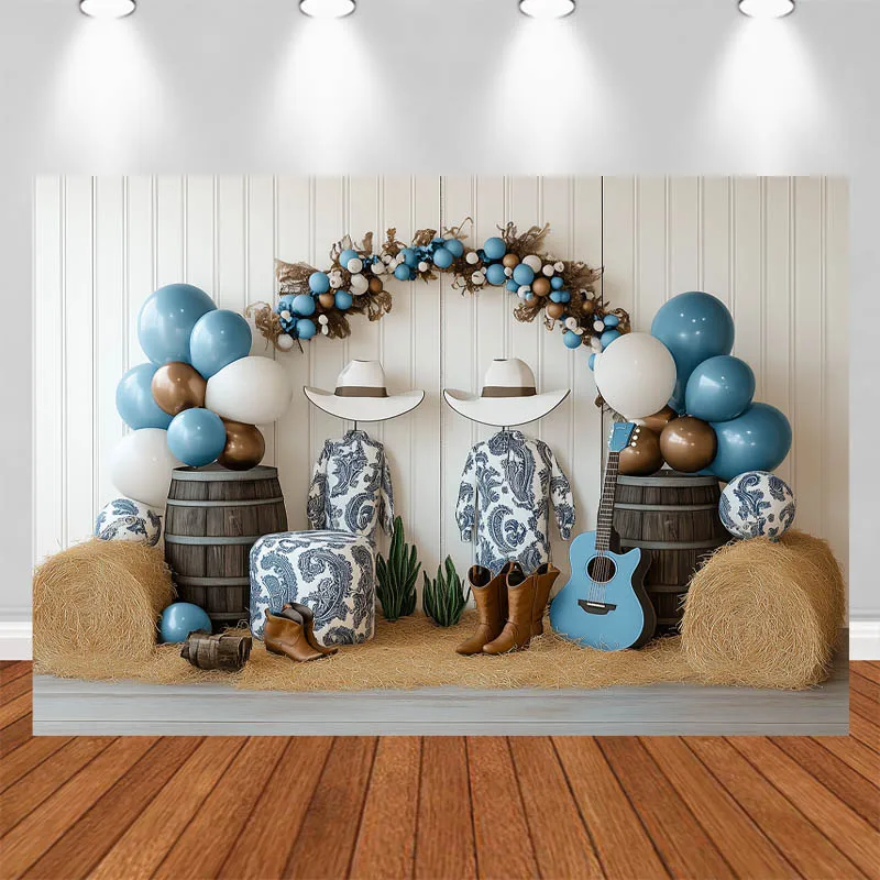 

LS Photography Background Blue Cowboy Arch Balloons Hay Bales Decor Birthday Cake Smash Kids Portrait Photo Backdrop Studio