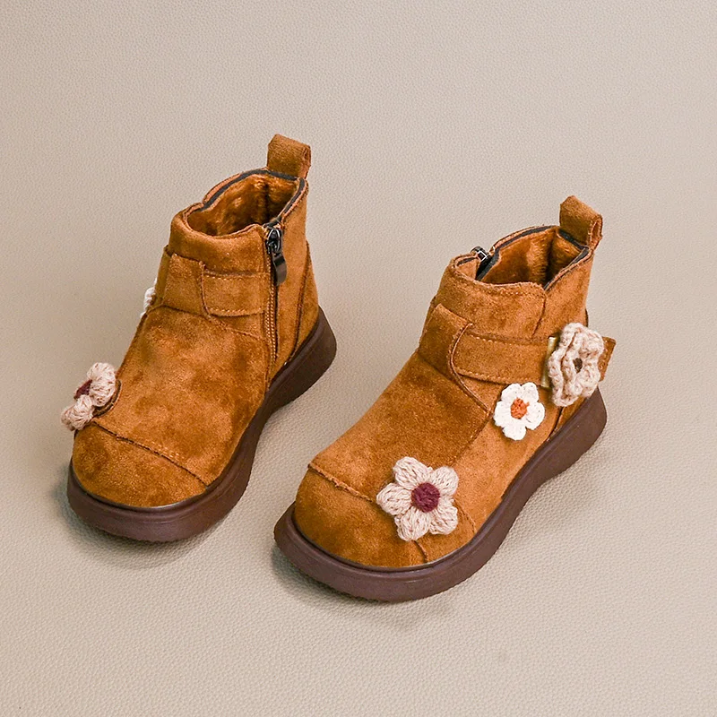 

Новые теплые хлопковые сапоги в стиле ретро для девочек, зимние детские меховые сапоги с милым цветком для принцессы, детские ботильоны на платформе с боковой молнией