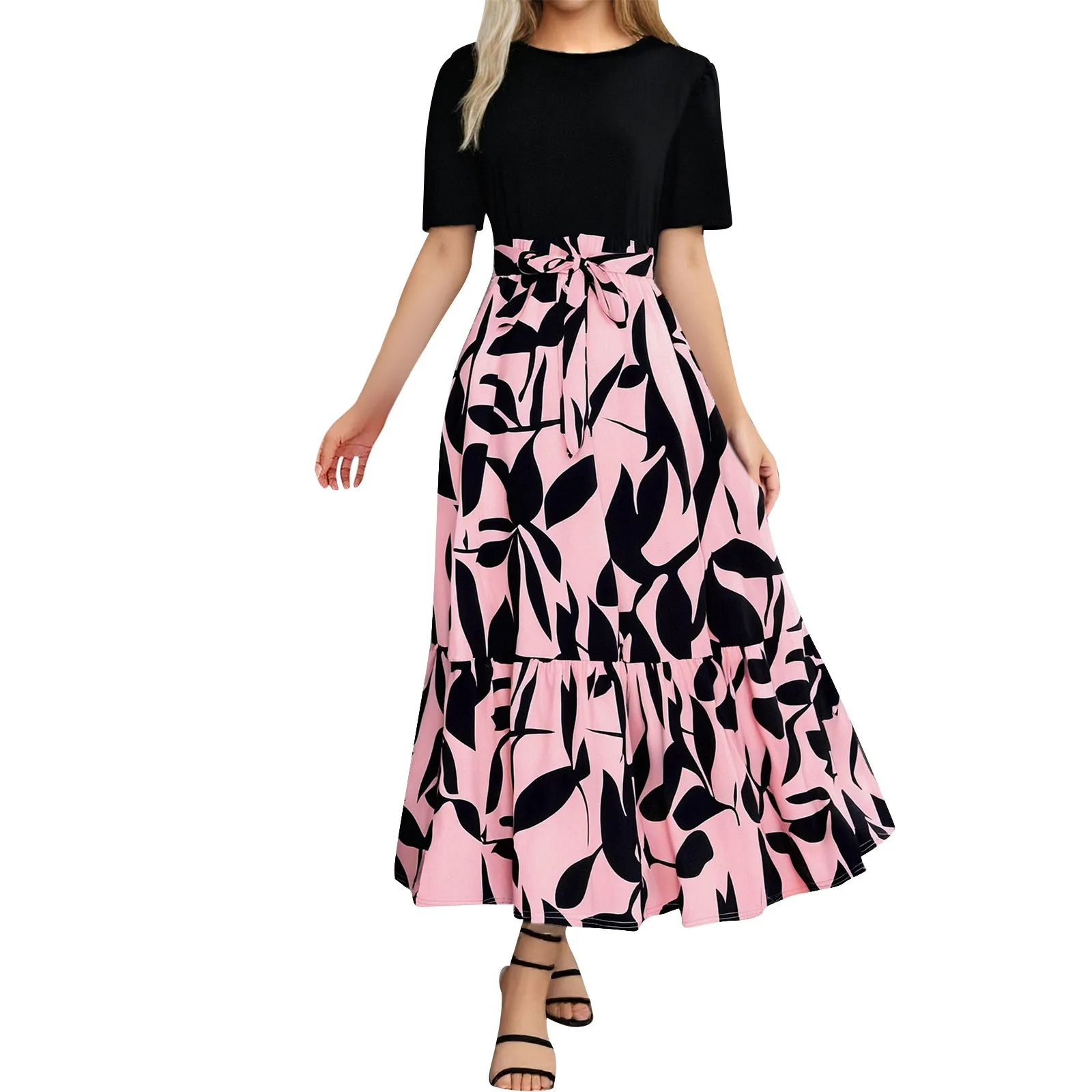 

Summer Dresses For Women 2025 Floral Print Wrap Short Sleeve Maxi Dress Patchwork Party Dress