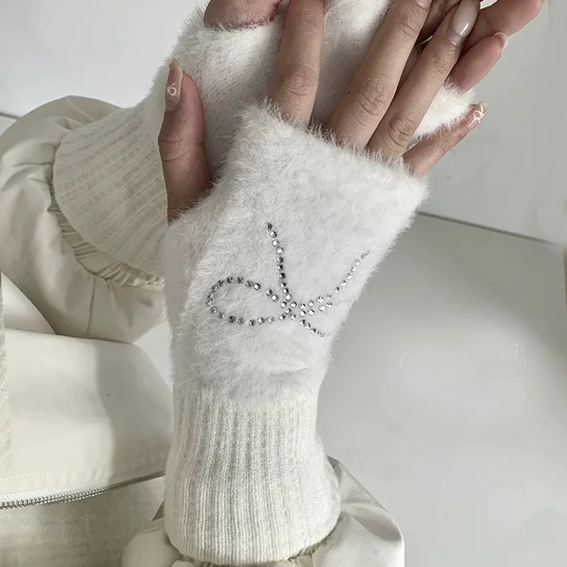 Winter Bogen Strass Halbe Finger Handschuhe Frauen Süße Gestrickte Fingerlose Kristall Bowknot Band Handschuhe Winter Verdicken Fäustlinge