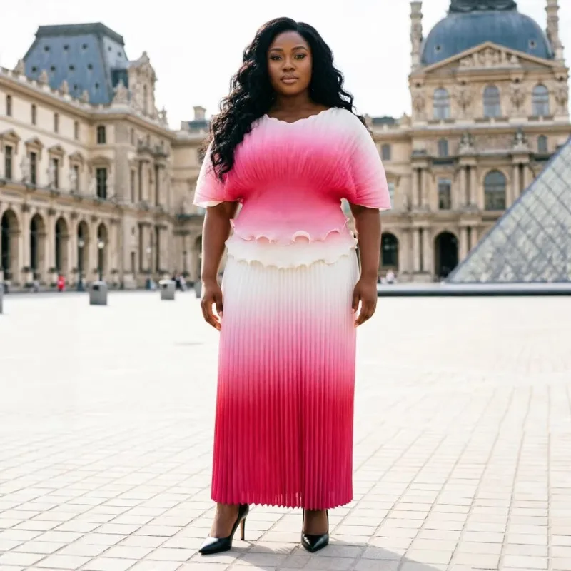 

Плиссированное платье Miyake 2026: Новинка, комплект из 2 предметов – топ с коротким рукавом и модная свободная юбка с градиентным цветом, эластичная, больших размеров, женская одежда