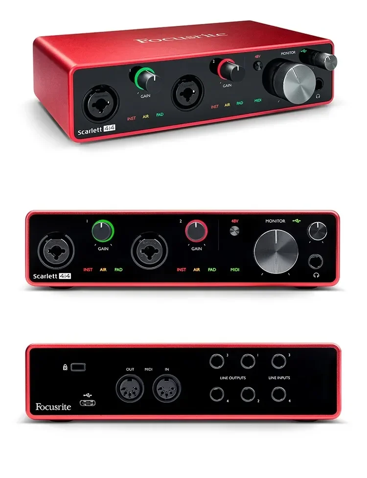 Kartu Suara Rekaman Focusrite Scarlett 4i4 Generasi ke-3 2025, 4 Input 4 Output, Antarmuka Audio USB, Kartu Suara untuk Rekaman Gitar Bass