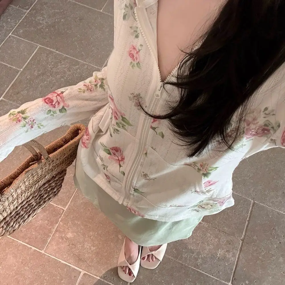 Sweet Floral Print Long-sleeved Jacket Zipper Slim Outerwear Sun Protection Hooded Top Harajuku Coats Women Coat and Jackets