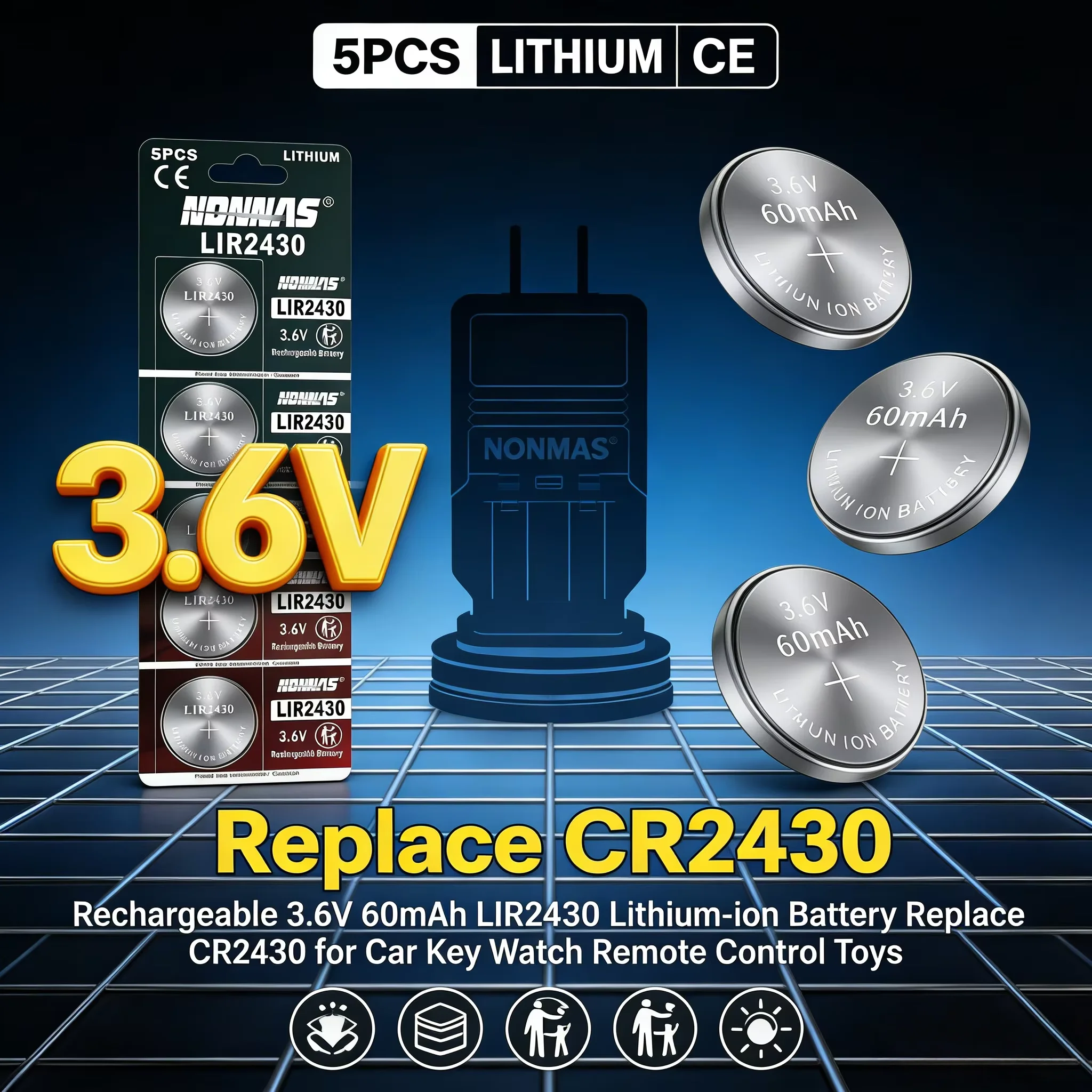 

Rechargeable 3.6V 60mAh LIR2430 Lithium-ion Battery Replace CR2430 for Car Key Watch Remote Control Toys