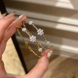French Style Light Luxury Exquisite Bracelet Chic Elastic Flower Bracelet Sparkling Zircon Snowflake Ring 925 Silver Jewelry Set