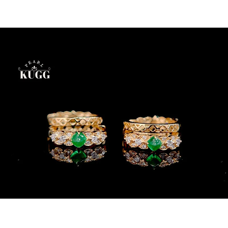 

KUGG 100% 18K Yellow Gold Earrings Vintage Elegant Style Shiny Diamond Natural Emerald Hoop Earrings for Women Fine Jewelry