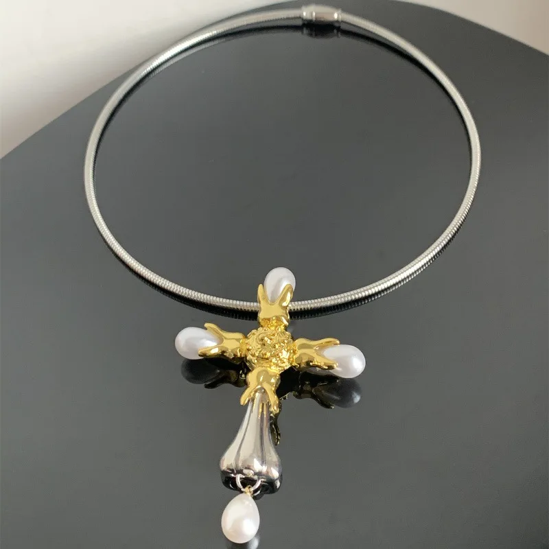 Golden Large Cross Drop Earrings