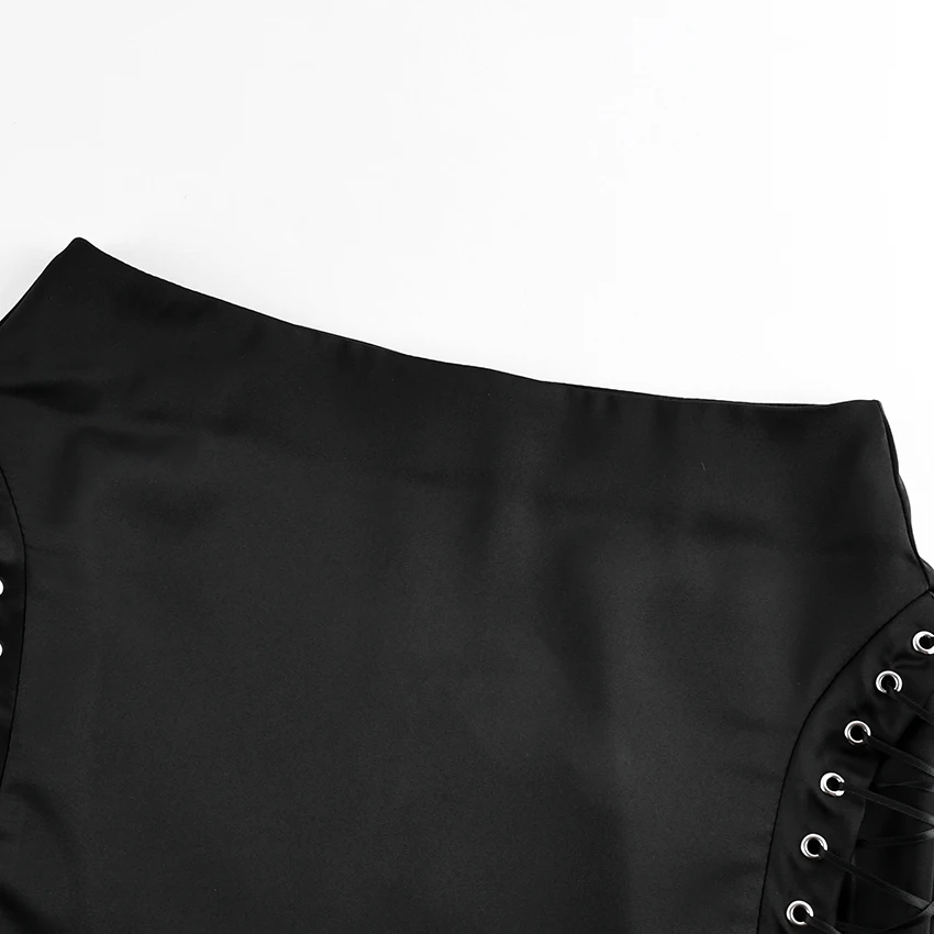 Linad Street Chic Black Satin Drawstring Skirts Woman 2026 Vintage Slim High Waist Straight Skirts Casual Lace Up Skirt Female