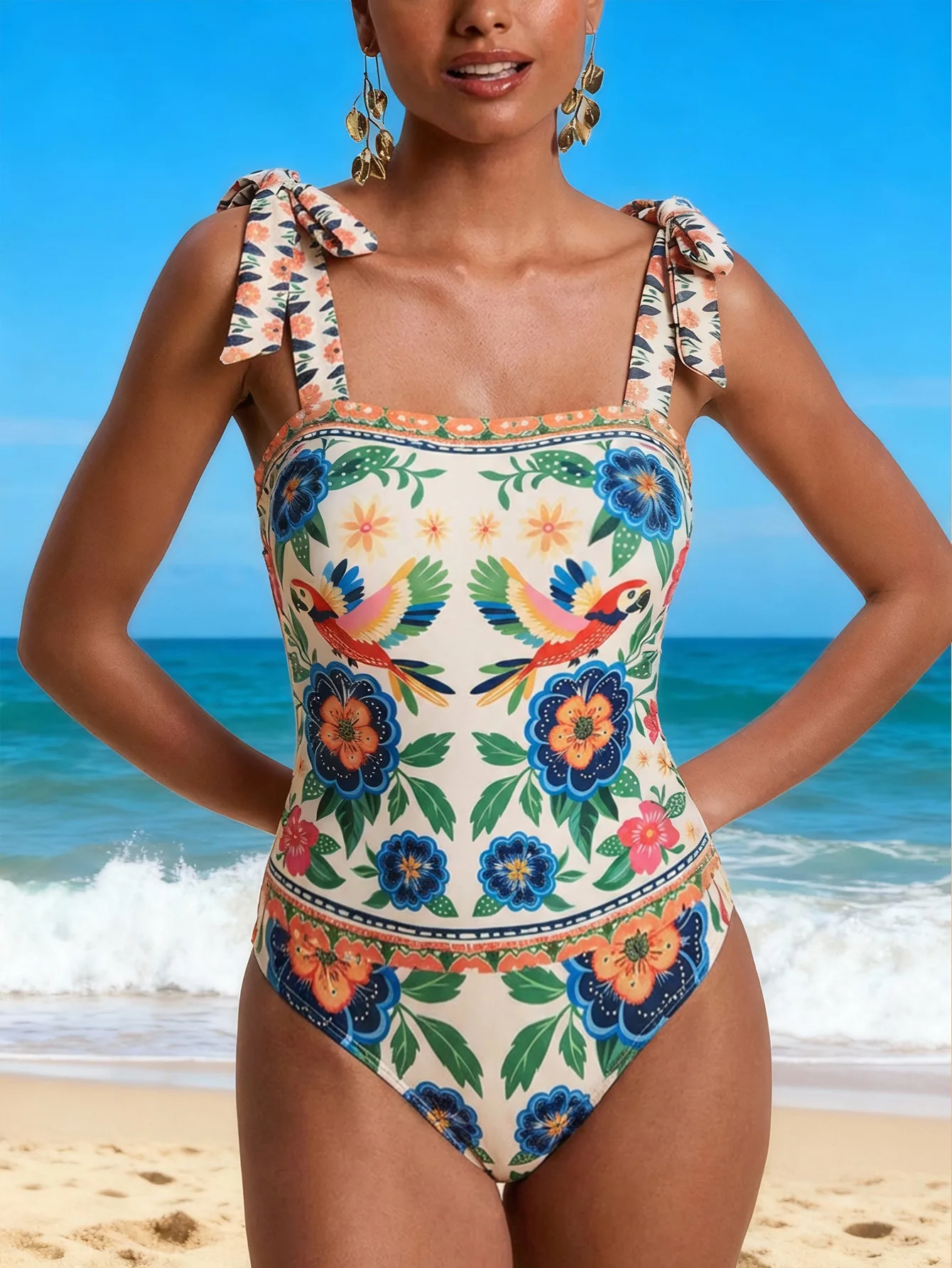 

Two Piece Swimsuit for Women High Waist Female Swimwear Floral Print Lace Up New Beachwear Beach Bathing Suit