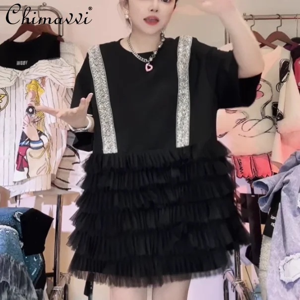 オリジナル新作ヘビーインダストリーレーススプライシング半袖ルーズTシャツワンピースラウンドネックレディースルーズロングTシャツ