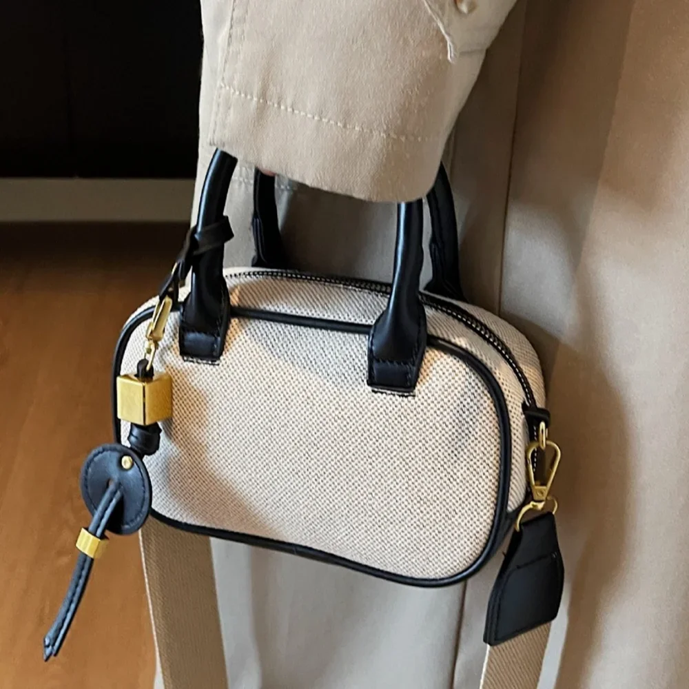 New Niche Retro Color-blocking Hand-held Small Bag, Stylish Crossbody Canvas Pu Small Square Bag, Single-shoulder Bowling Bags