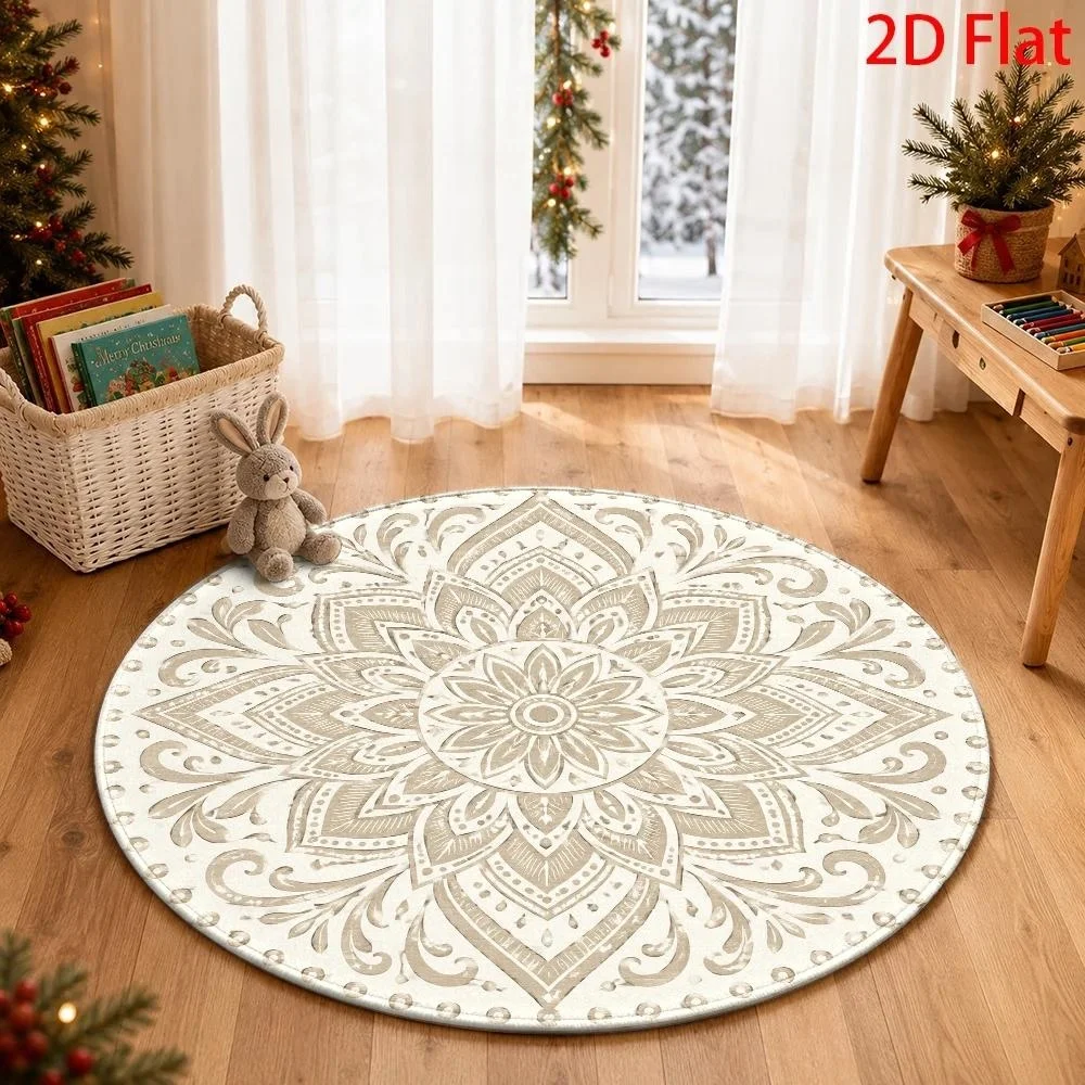 Cream Beige Mandala Round Area Rug, Subtle Neutral Floral Circular Floor Mat, Soft Vintage Medallion Carpet for Living Room