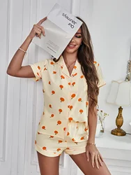 Orange Print Textured Pajama Set Cute Short Sleeve Buttons Lapel Top & Elastic Shorts Women's Sleepwear