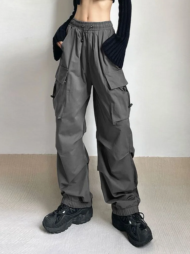 QWEEK Women Oversized Cargo Parachute Pants Y2k Vintage Streetwear High Waist Joggers Hippie Baggy Harajuku Wide Leg Sweatpants