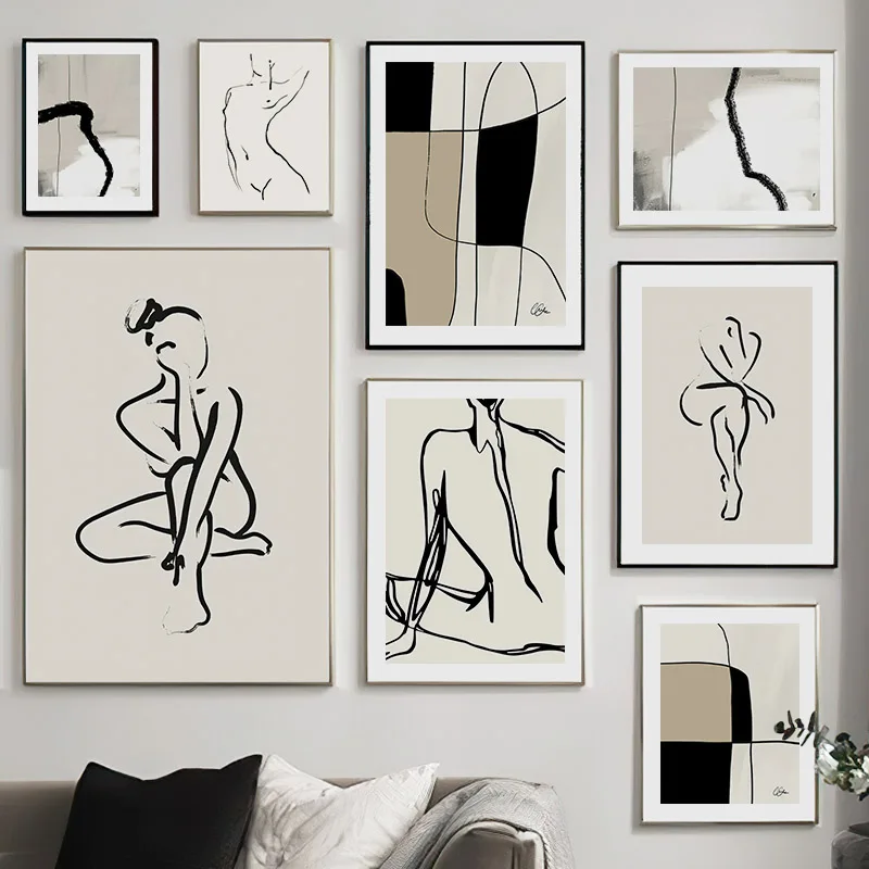 Beige Abstract Line Nude Body Woman Posters And Prints Canvas Painting Minimalism Wall Art Living Room Home Decor Aesthetics