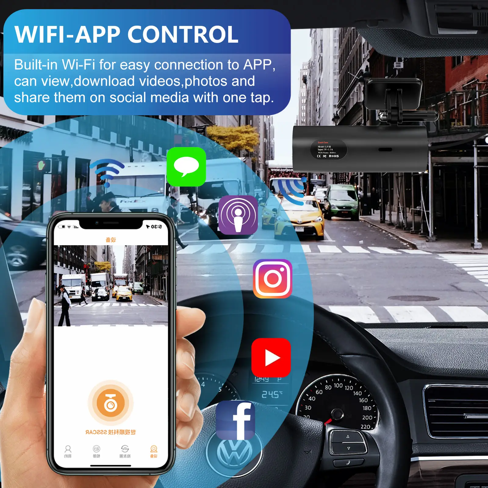 Dashcam per auto nascosta 2K WiFi APP Controllo Dashcam compatta All'interno della cabina Registrazione di sorveglianza Allarme di rilevamento del movimento