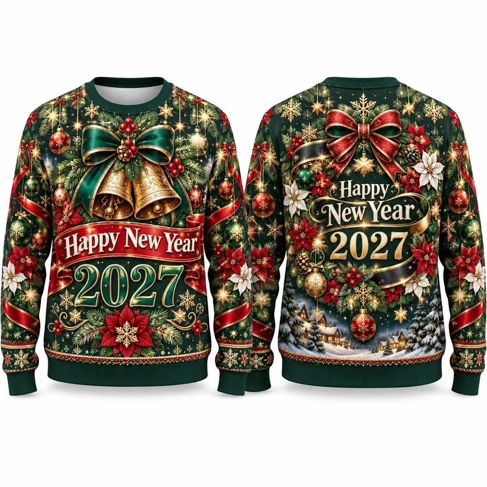 New Ribbon Bow Gala Ugly Christmas Sweater Adds Happy New Year 2027 Cheer to Decorated Sweaters with Poinsettias and Baubles