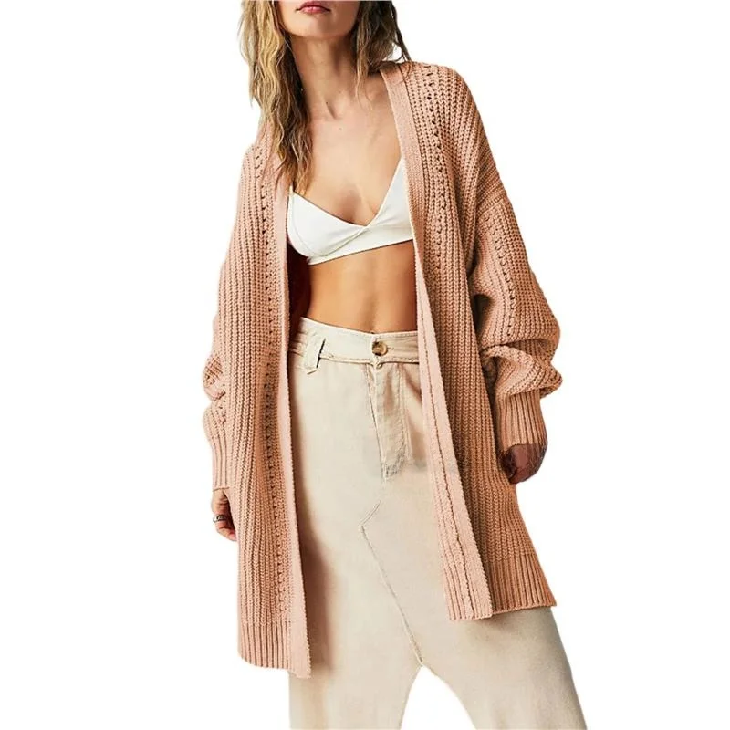 معطف سترة محبوكة فضفاضة مع كيتات للنساء لخريف وشتاء ثي طويل Sve لون نقي فانوس Sve مادة البولي يوريثان