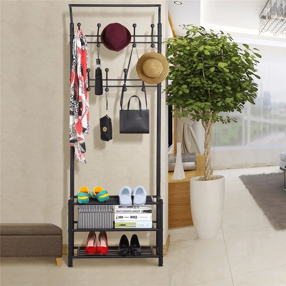 

Standing Coat Rack Metal Multipurpose Entryway Hall Tree With 3-Tier Shoe Rack Room Furniture Black Wall Racks Living Home