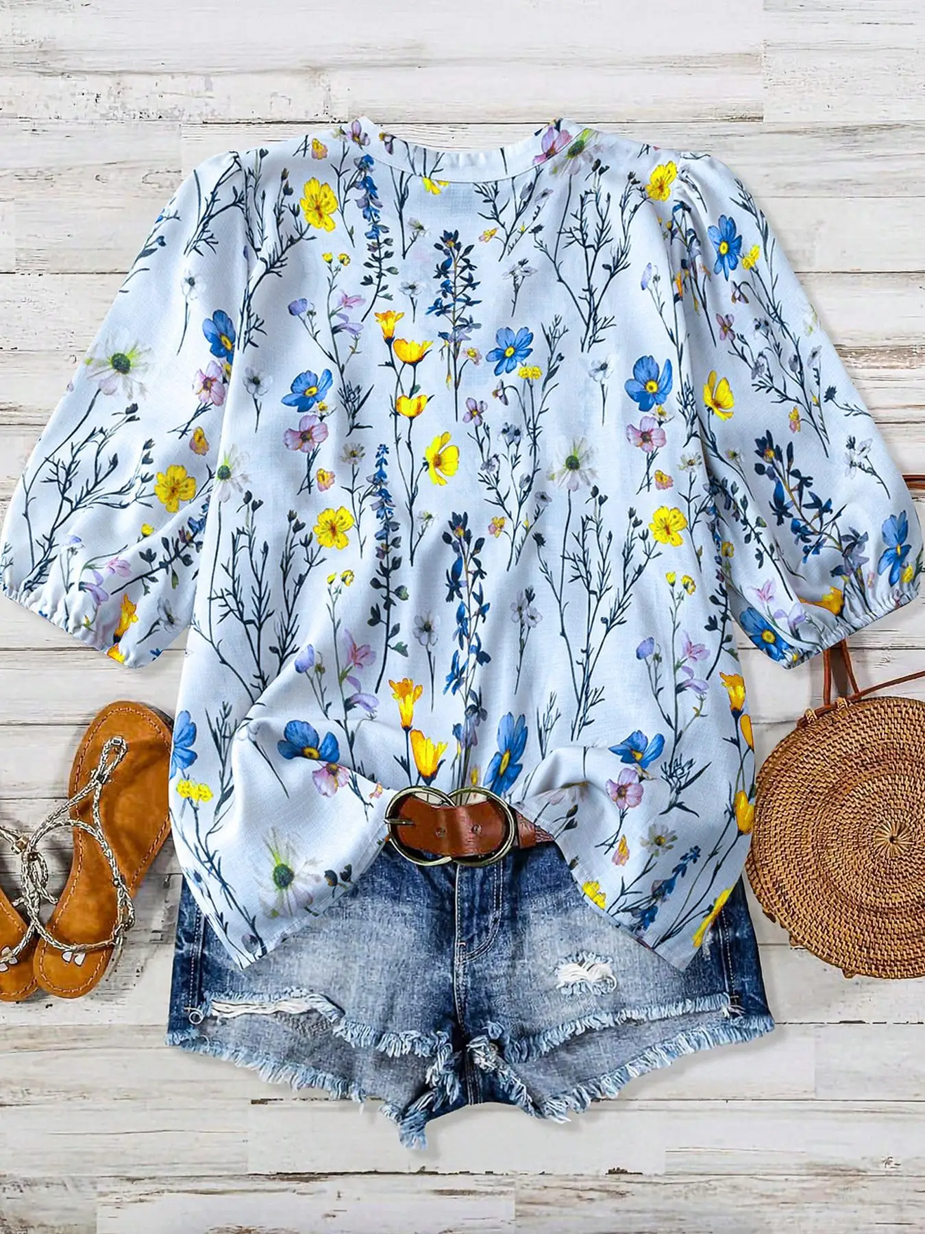 Women's Floral V-Neck Shirt, Casual Style, Breathable Lightweight Fabric, Perfect for Spring and Summer Wear, Fitted Design