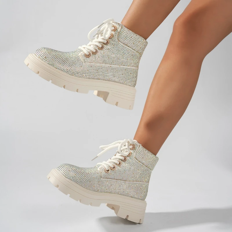 High-quality Thick-soled Wide Heel Round-top Lace-up Diamond-studded Versatile Comfortable Anti-slip Breathable Women's Boots