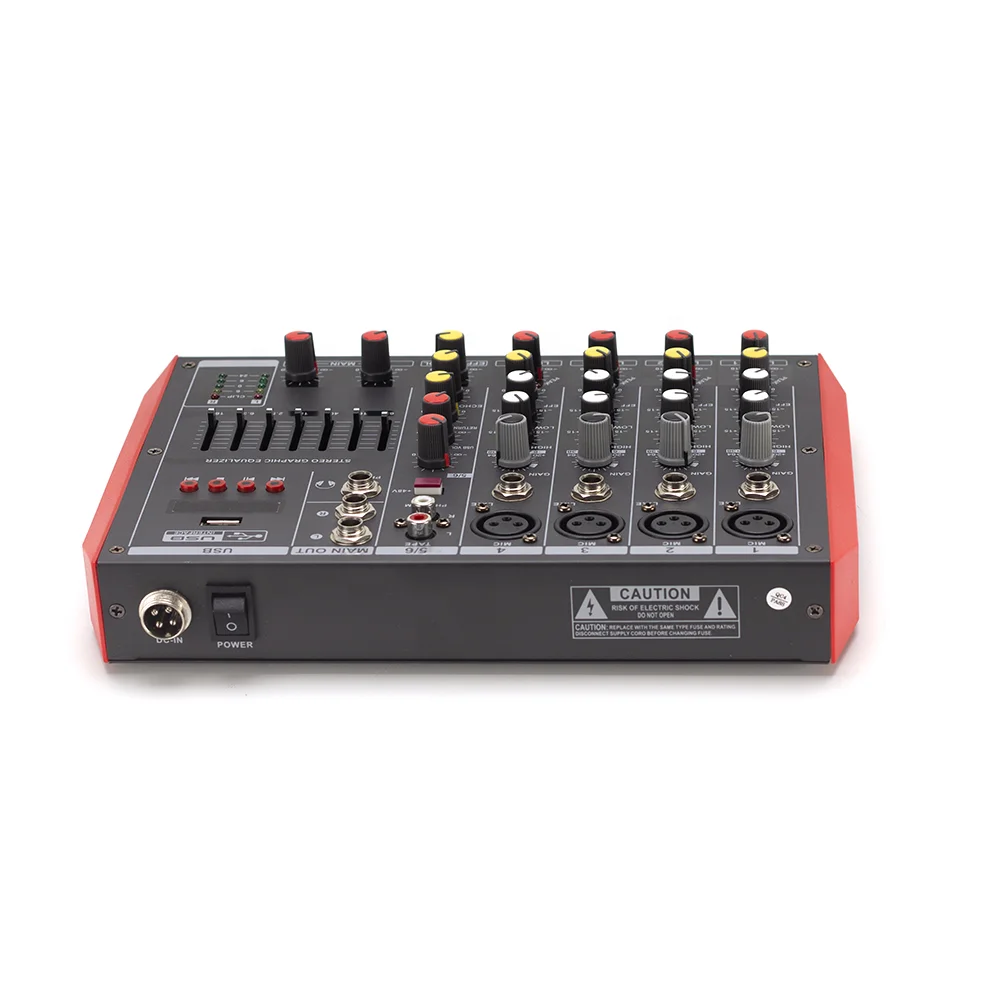 Mixer professionale Console di missaggio digitale Bt a 6 canali con effetto riverbero Mixer interfaccia live USB Karaoke