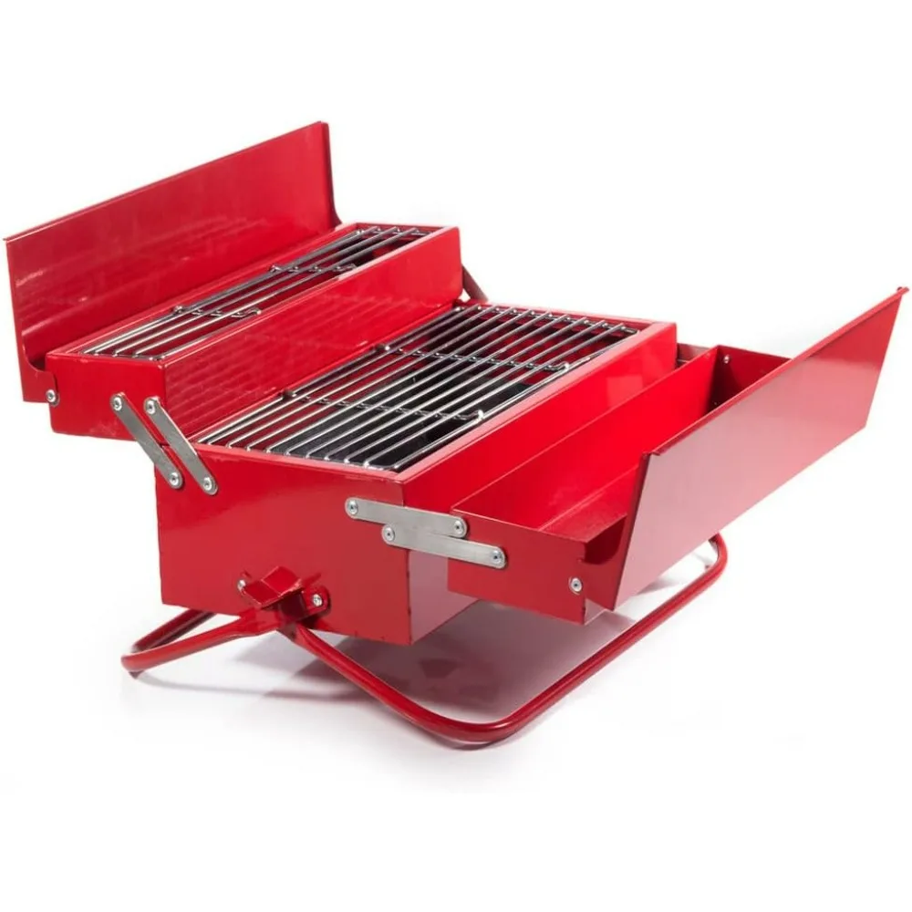 Portable BBQ Tool Box with Carry Handles-Perfect for Camping, Picnics and Alfresco Dining, 8.66 x 15.94 x 7.87 in, Red